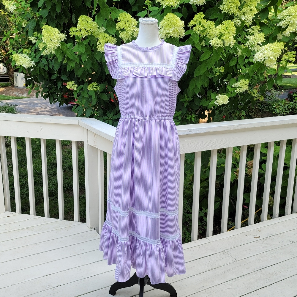 J Crew Tiered Ruffle Dress Stripe Rustic Purple - Picture 2 of 10